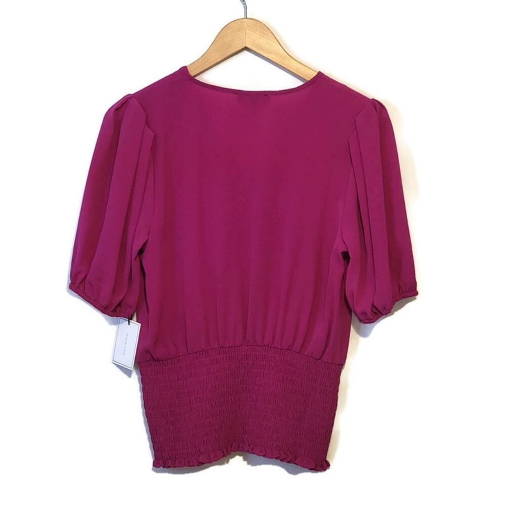 1.STATE Faux Wrap Blouse Smocked Waist Puff Sleeve Pink Women's Small NWT - Picture 7 of 11